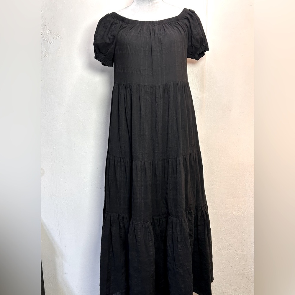 #0150 YFB Flowing Off the Shoulders Puff Short Sleeve Tiered Black Cotton Maxi-S